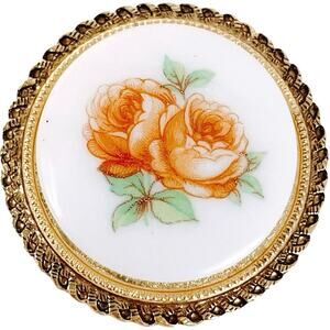 VTG 1950s West Germany Porcelain Rose Scarf Ring Gold Tone Mid Century Floral